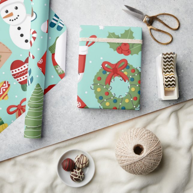 Mint Blue Holiday Snowman Christmas Wrapping Paper Presentpapper (Hantverk)
