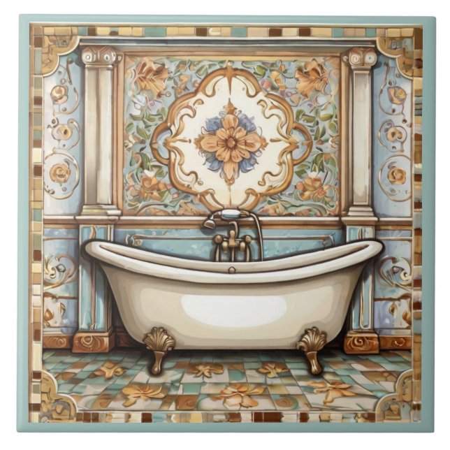 Mint Blue och Beige Bath Tub Bathroom Tile Kakelplatta (Framsidan)