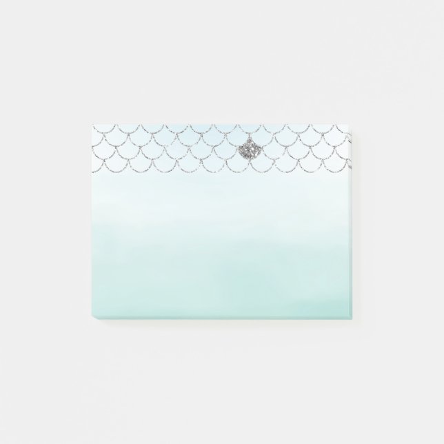 Mint Blue Ombre Silver Glitter Sjöjungfru Post-it Block (Framsida)