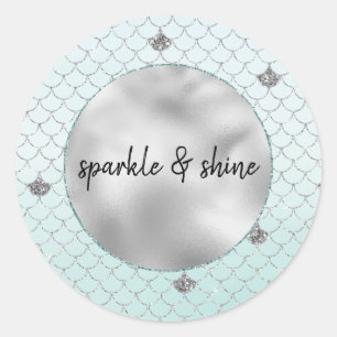 Mint Blue Ombre Silver Glitter Sjöjungfru Runt Klistermärke