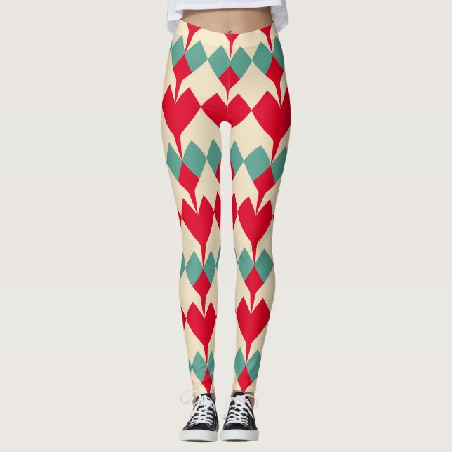 Mint blue, red hjärtans panel mönster. leggings (Framsida)