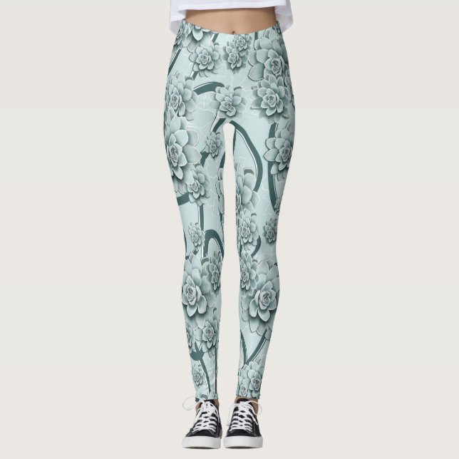 Mint Blue Succulents på Gräs Grönt Trellis Repeat Leggings (Framsida)