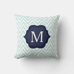 Mint Blue & White Chevron Navy Monogram Design Kudde