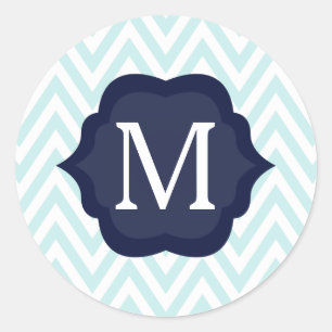 Mint Blue & White Chevron Navy Monogram Design Runt Klistermärke