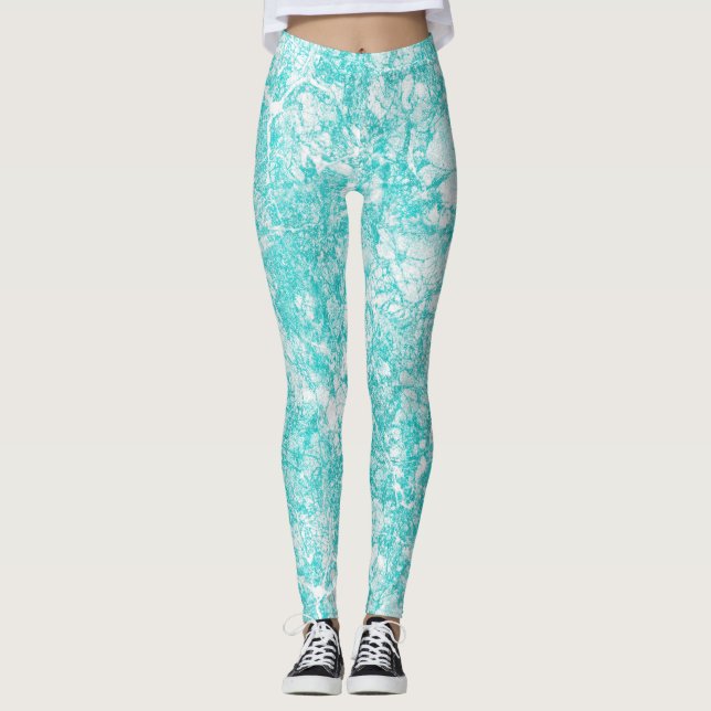 Mint Blue & White Marble Struktur Leggings (Framsida)
