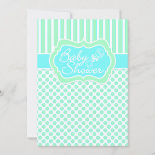 Mint, Blue, White Rand, Dots Baby Shower Inbjudan