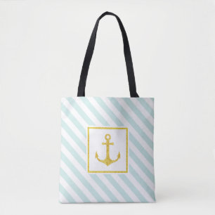 Mint Blue White Rand Golden Anchor Tygkasse