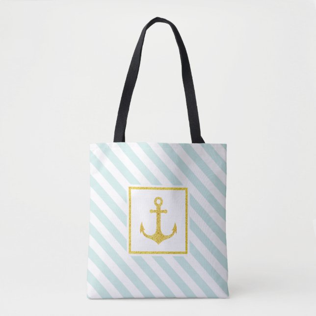 Mint Blue White Rand Golden Anchor Tygkasse (Framsida)