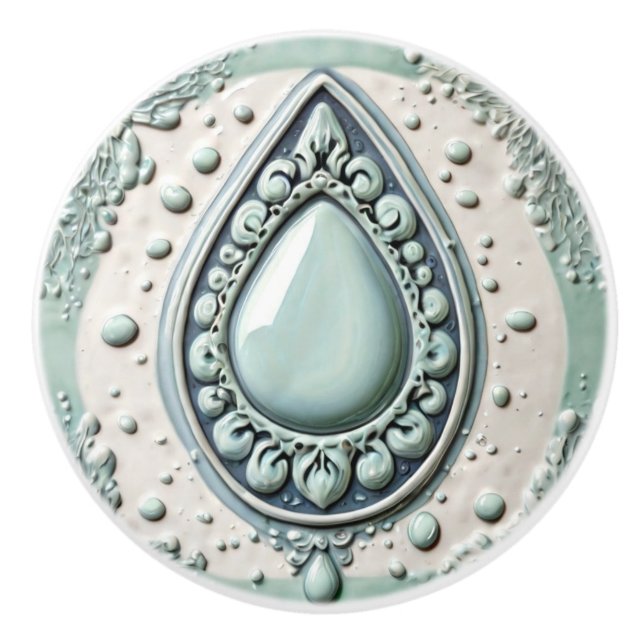 Mint Blue & White Vatten Drop TearDrop Bathroom Knopp (Framsidan)