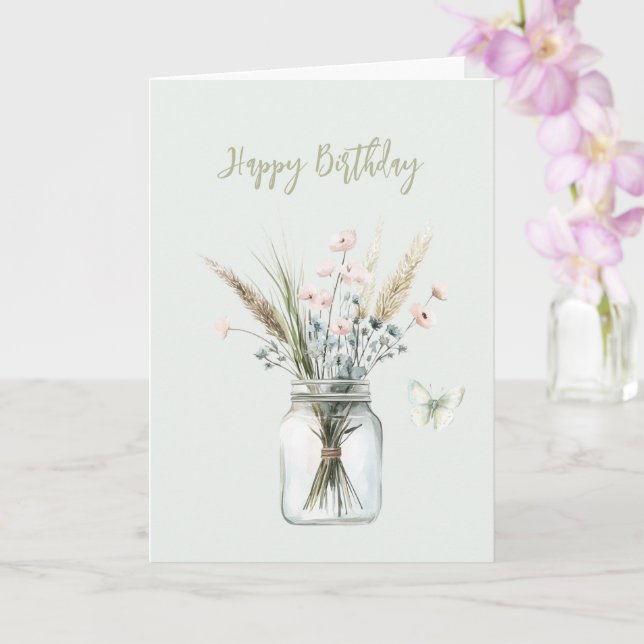 Mint Blush Blå Blommor Kruka Fjäril Födelsedag Kort (Orkide)