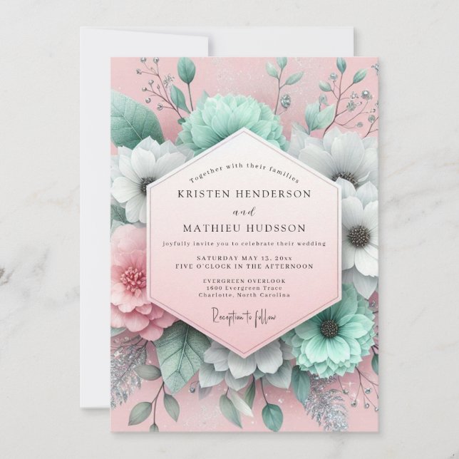Mint Blush Målarstil Flora Bröllop Inbjudningar (Framsida)