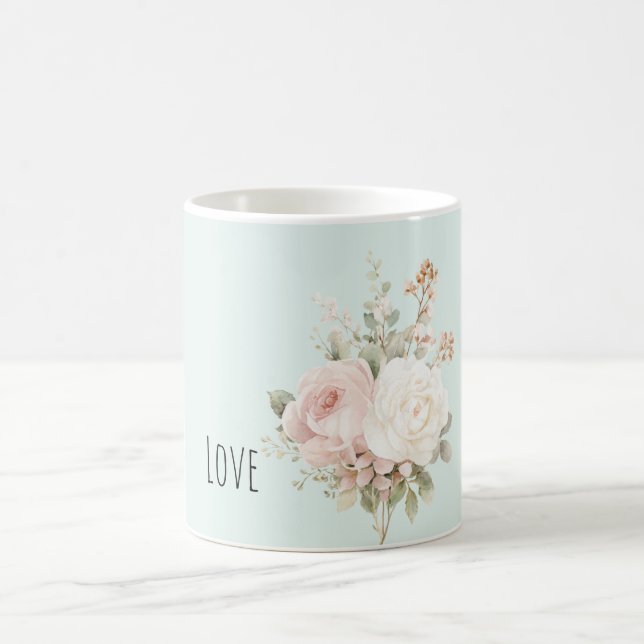 Mint Blush Pink White Roses Floral Kaffemugg (Center)
