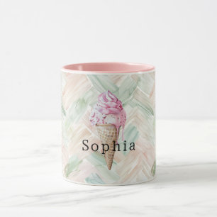 Mint Blush-ränder Jordgubbsk Rosa Glasskon Mugg