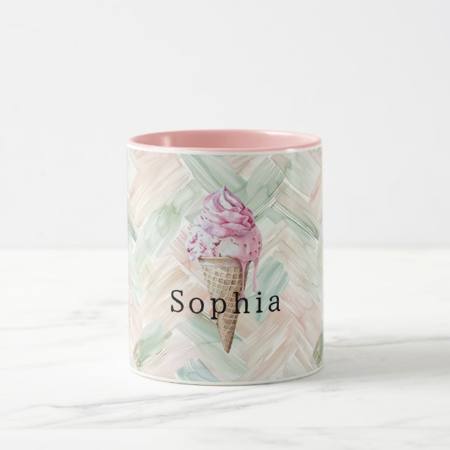 Mint Blush-ränder Jordgubbsk Rosa Glasskon Mugg (Center)