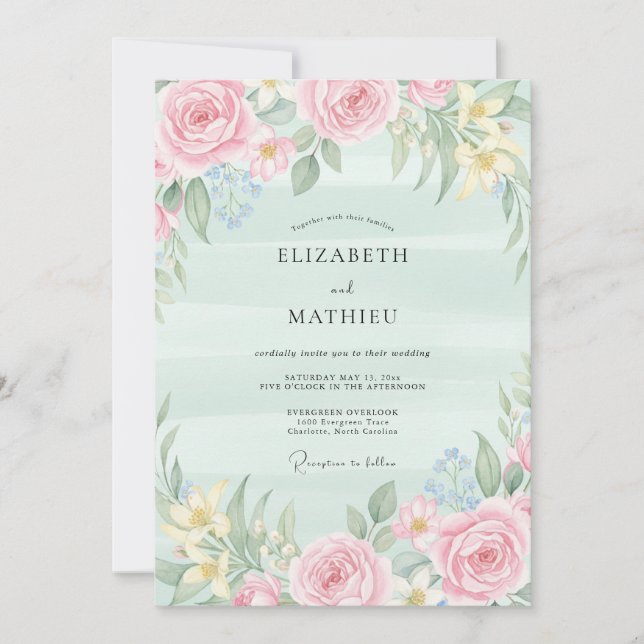 Mint Blush Watercolor Bröllop Inbjudningar (Framsida)