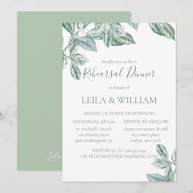 Mint botanical Elegant Rehearsal Middagsinbjudan Inbjudningar (Fram/baksida)