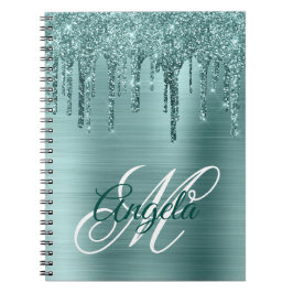 Mint Brushed Foil Glitter Drip Finare Monogram Anteckningsbok