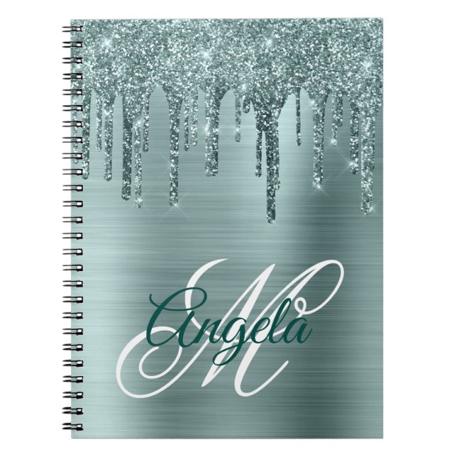 Mint Brushed Foil Glitter Drip Finare Monogram Anteckningsbok (Framsidan)