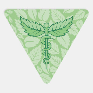 Mint Caduceus med Löv bakgrund Triangelformat Klistermärke