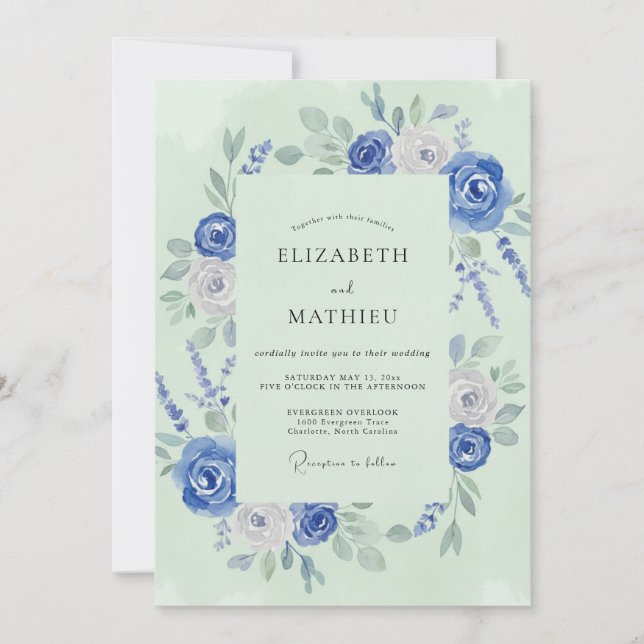 Mint Cerulean Peony Bröllop Inbjudningar (Framsida)