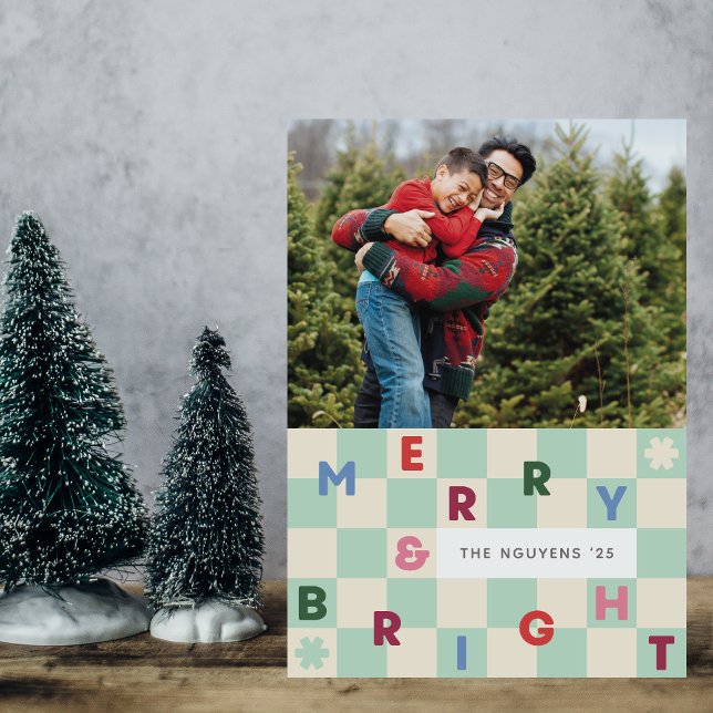 Mint Checkerboard Merry & Bright Christmas Card Inbjudningar (Skapare uppladdad)