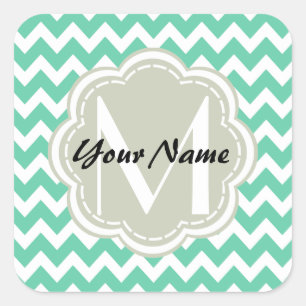 Mint Chevron Anpassningsbar Monogram, Personlig Na Fyrkantigt Klistermärke