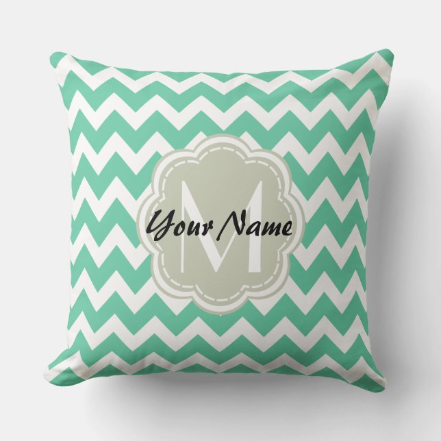 Mint Chevron Anpassningsbar Monogram, Personlig Na Kudde (Framsida)