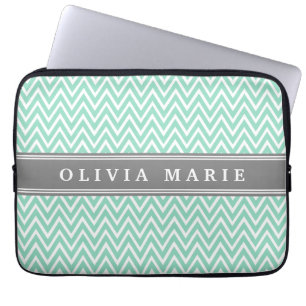 Mint Chevron Grått Namn-mall Laptop Sleeve