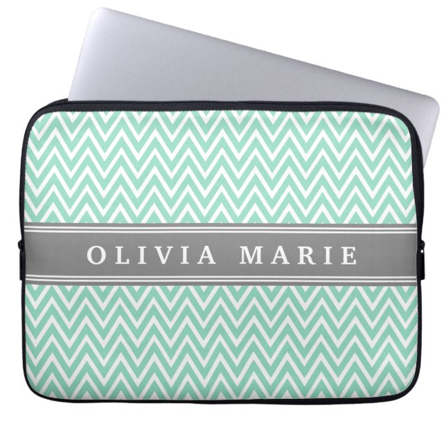 Mint Chevron Grått Namn-mall Laptop Sleeve (Framsidan)