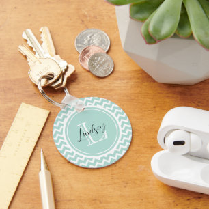 Mint Chevron med Anpassningsbar Monogram Nyckelring