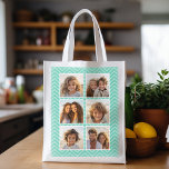Mint Chevron Mönster med Trendig 6 Photo Collage Återanvändbar Påse<br><div class="desc">Använda Instagram-konto bilder eller andra populära delningsappar med sex kvadratfoton för att skapa en unik och personlig gåva. Eller så kan du behålla hipstervalpen och göra ett trendig till keepy. Om du behöver justera bilder klickar du på verktyg för att anpassa ändringar.</div>