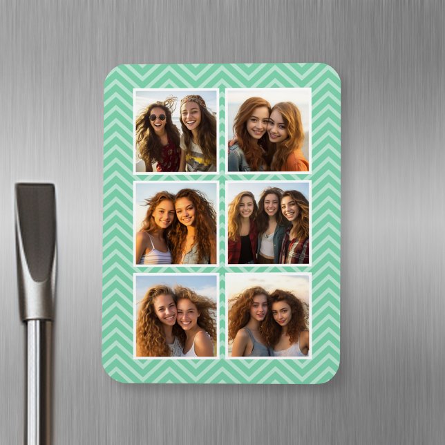 Mint Chevron Mönster med Trendig 6 Photo Collage Magnet (Personalized fridge magnet with photos and text)