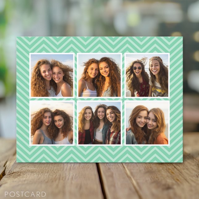 Mint Chevron Mönster med Trendig 6 Photo Collage Vykort (Custom Personalized Photo Collage Postcard)
