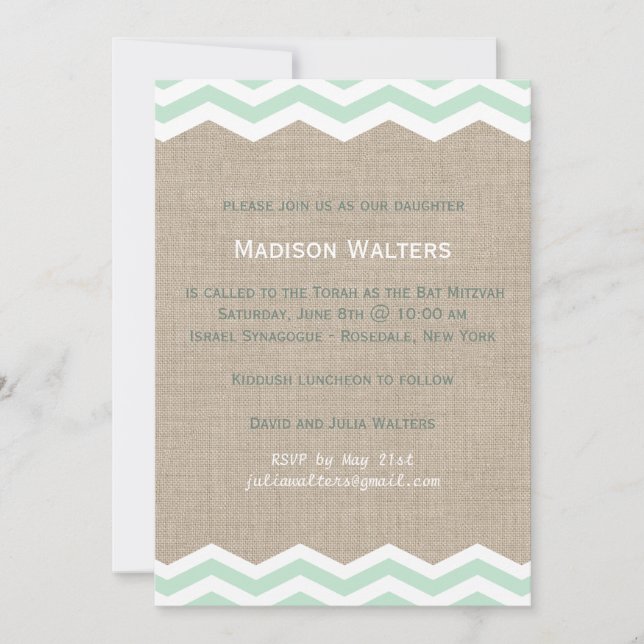 Mint Chevrons on Burlap Bat mitzvah-inbjudan Inbjudningar (Framsida)