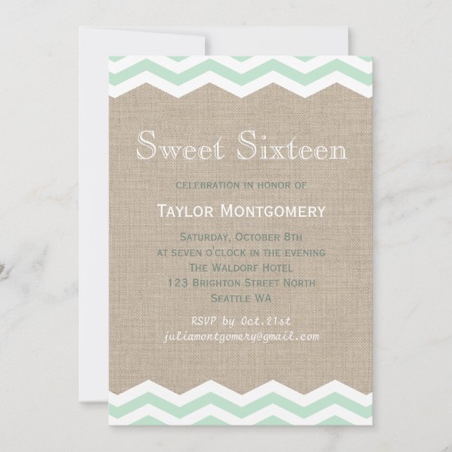 Mint Chevrons on Burlap Sweet sixteen Inbjudan (Framsida)