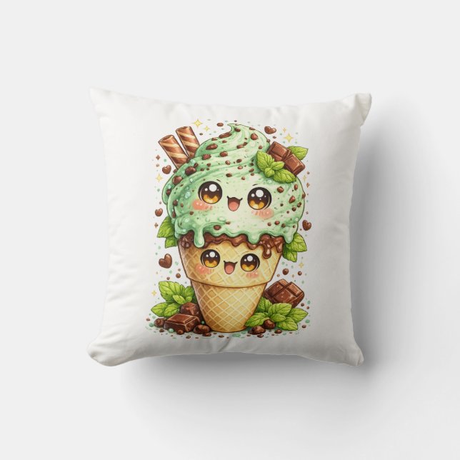 Mint Chocolate Chip Ice Cream Cone Kawai Cushion  Kudde (Framsida)