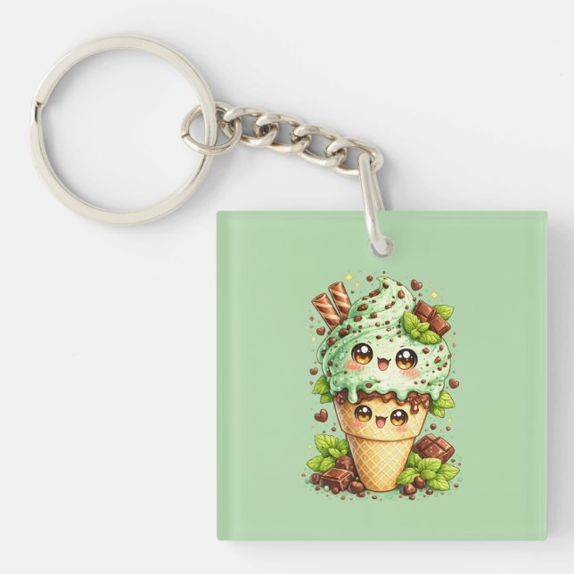 Mint Chocolate Chip Ice Cream Cone Kawaii Keyring (Framsidan)