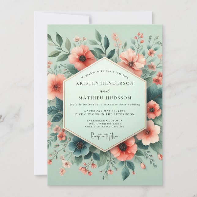 Mint Coral Aquarell Bröllop Inbjudningar (Framsida)