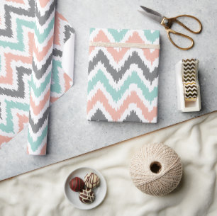 Mint Coral Grått Zigzags Ikat Mönster Presentpapper