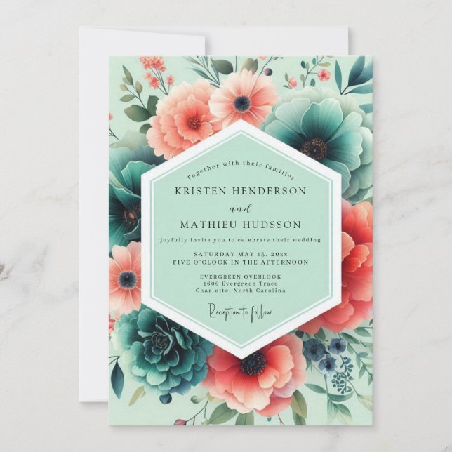 Mint Coral Lush Floral Wedding Inbjudningar (Framsida)