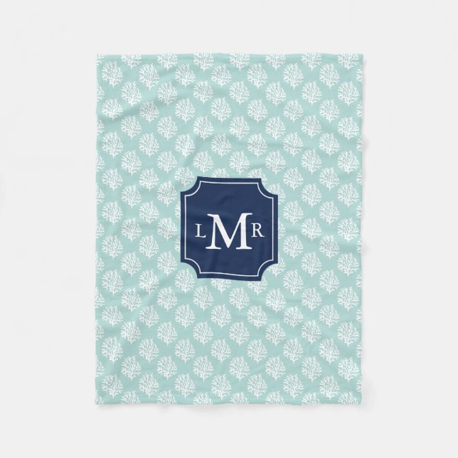 Mint Coral Reef Mönster och Blue Monogram Fleecefilt (Framsidan)