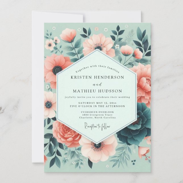 Mint Coral Romantisk Bröllopsblomning Inbjudningar (Framsida)