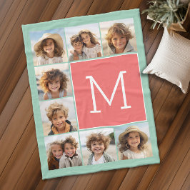 Mint Coral Square 8 Photo Collage Monogram Fleecefilt
