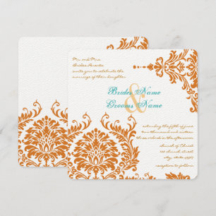 Mint Coral Vintage Blommigt Damask Wedding Inbjuda Inbjudningar