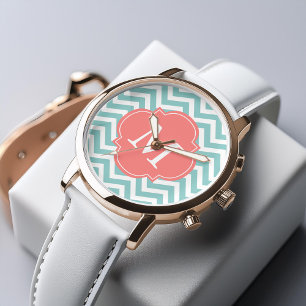 Mint & Coral Zigzags Mönster Monogram Armbandsur