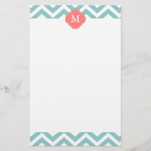 Mint & Coral Zigzags Mönster Monogram Brevpapper