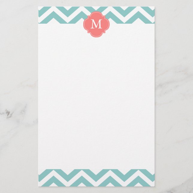 Mint & Coral Zigzags Mönster Monogram Brevpapper (Framsida)