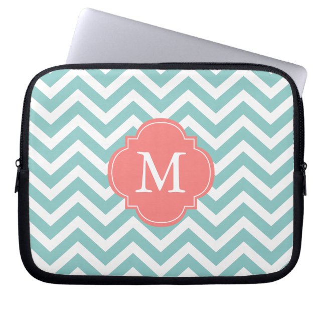 Mint & Coral Zigzags Mönster Monogram Laptop Fodral (Framsidan)
