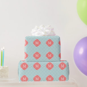 Mint & Coral Zigzags Mönster Monogram Presentpapper