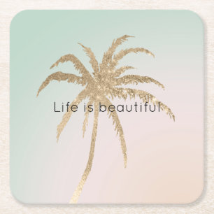Mint Cream Ombre Tropical Guld Handflatan Träd Underlägg Papper Kvadrat